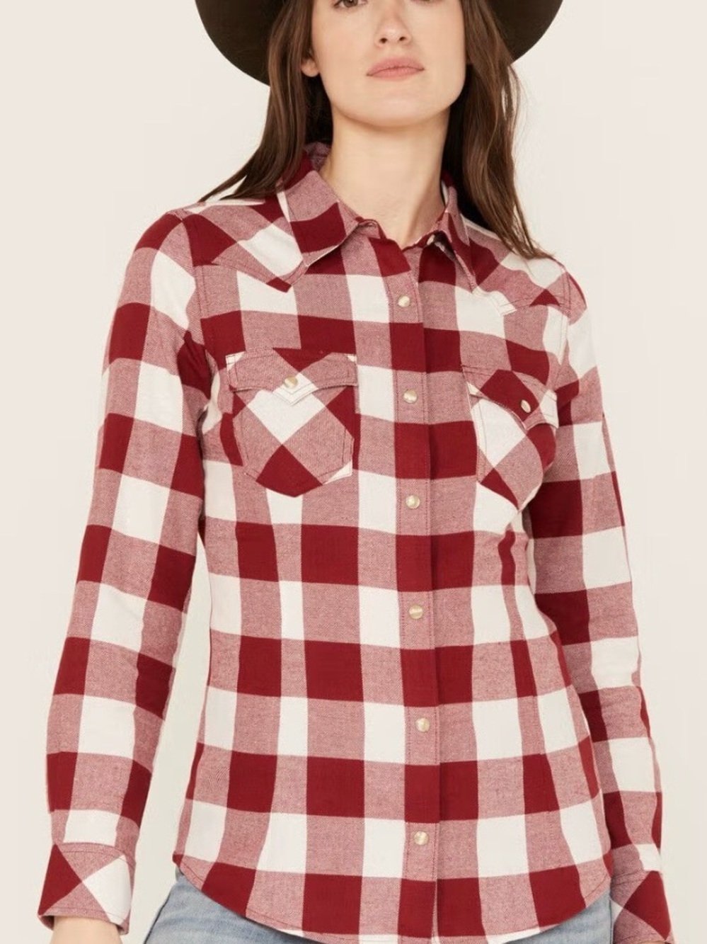 Wrangler Retro 100% Cotton Women’s Red and White Buffalo Plaid Button-Up Shirt